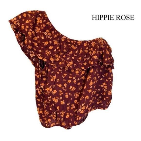 Hippie Rose Women's One Shoulder Tops Plum Ditsy Ruffle Crop Top - Picture 1 of 5